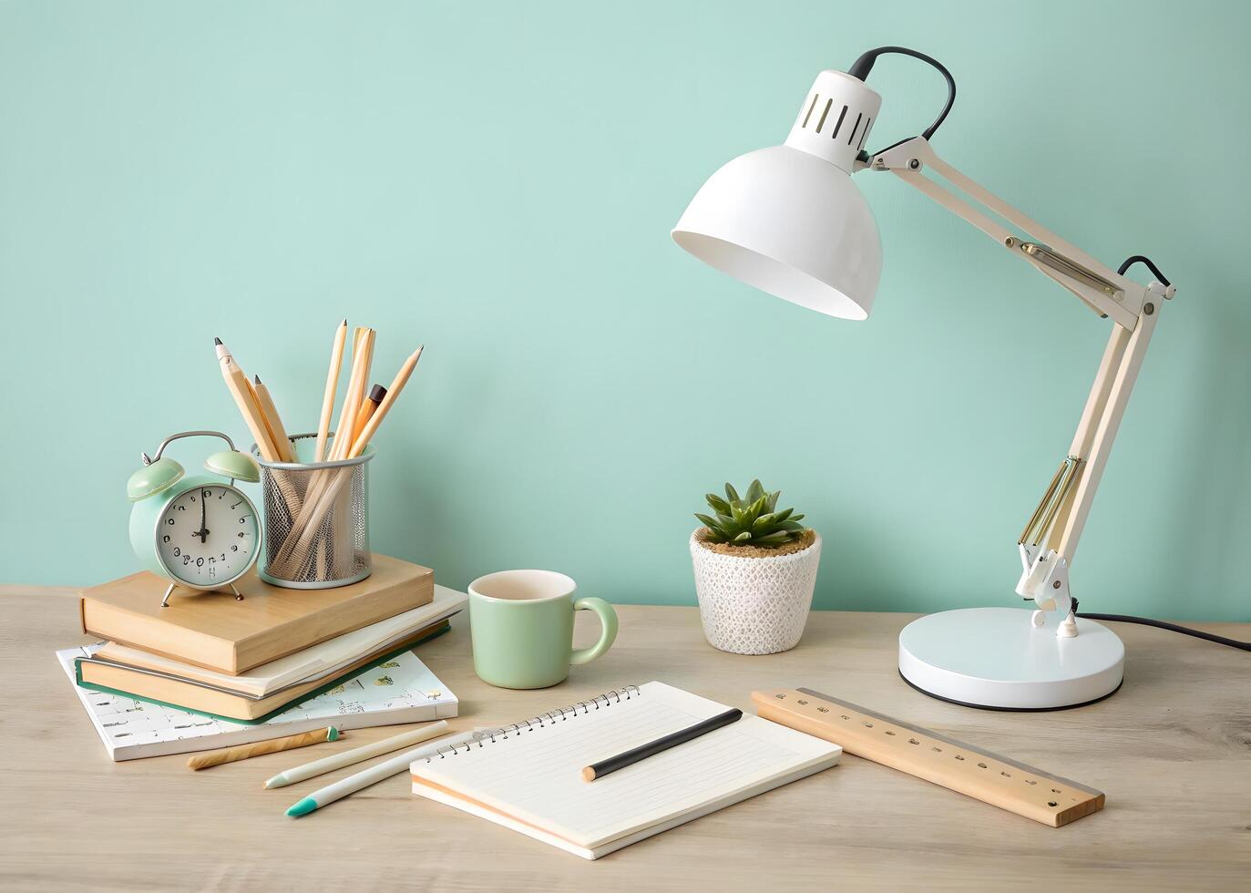 Clean Minimalist Workspace Scene with Light Teal Background Photo