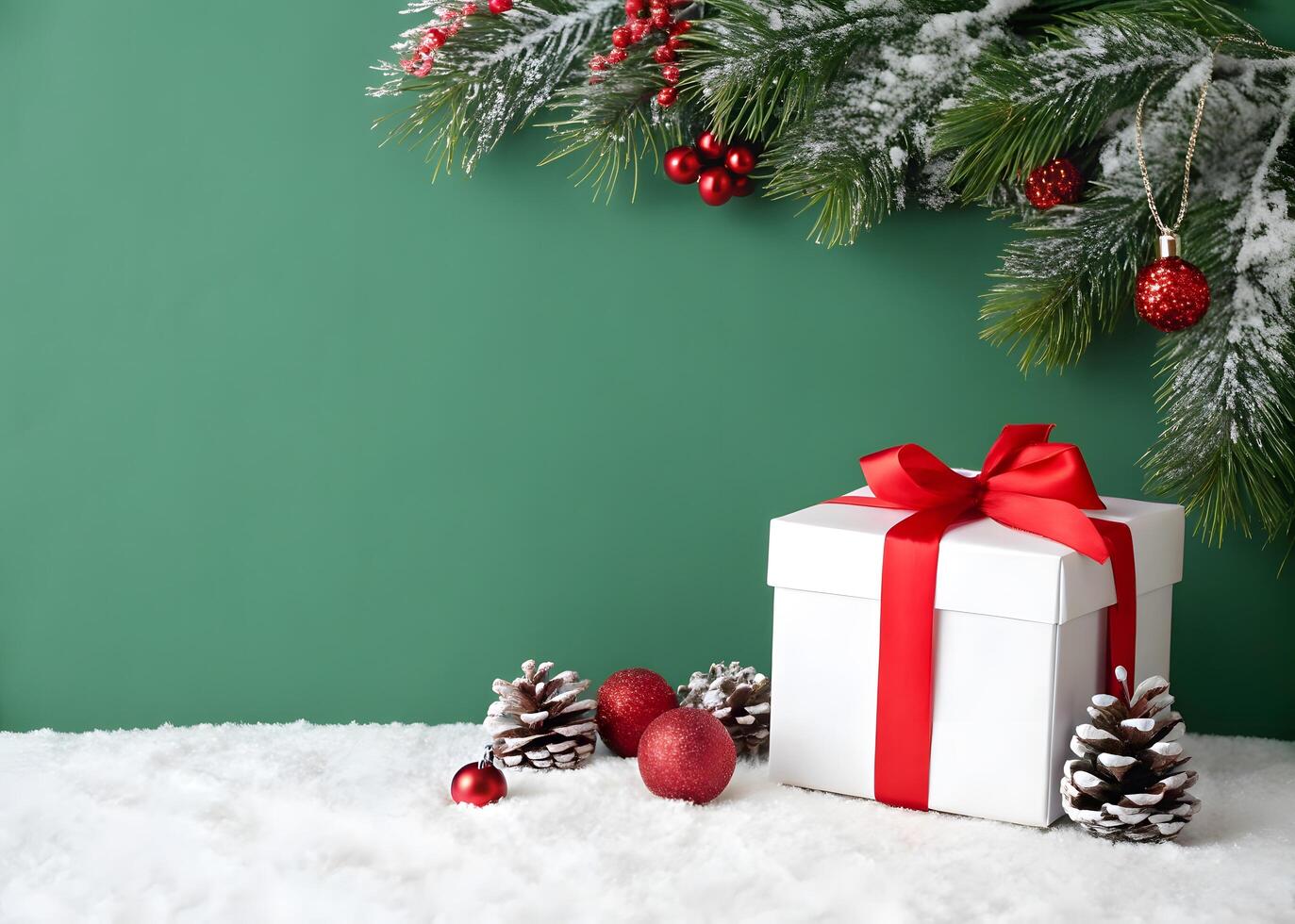 White Gift Box with Red Ribbon Bow Positioned in Center Photo