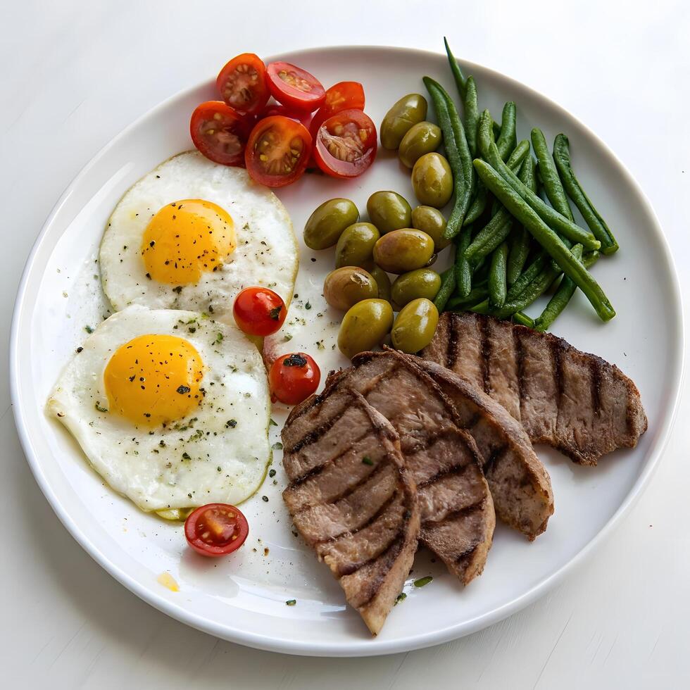 Perfectly Balanced Breakfast Sunny-Side-Up Eggs, Grilled Steak, and Fresh Veggies photo