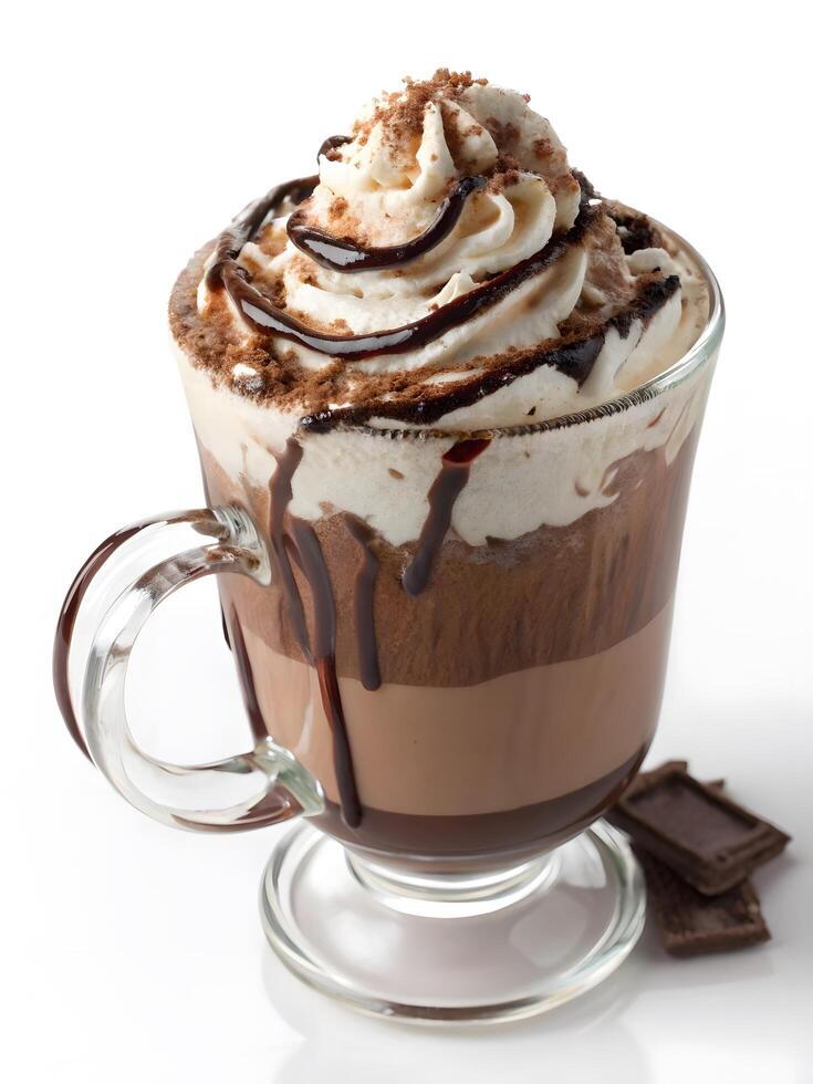 Decadent Hot Chocolate with Whipped Cream and Chocolate Drizzle in a Glass Mug photo