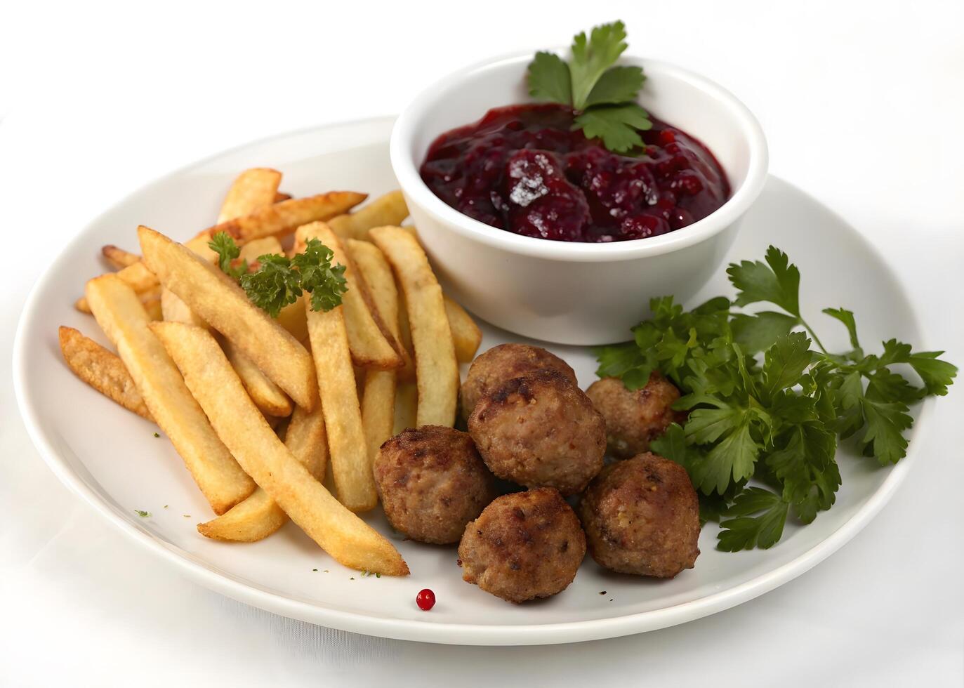 Overhead View of French Fries, Meatballs, and Cranberry Sauce on a White Plate photo