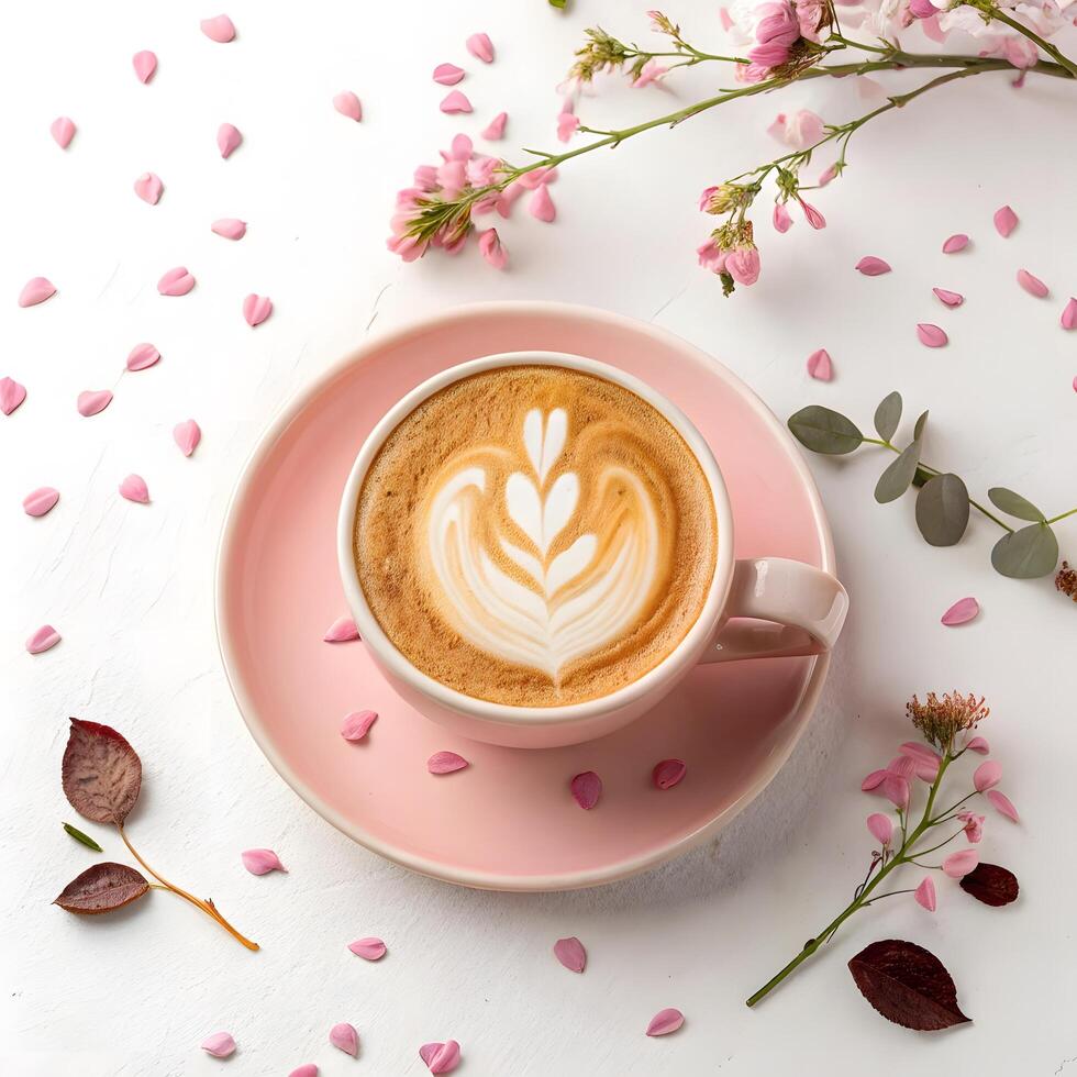 pink cup of coffee with heart isolated on white background top view photo