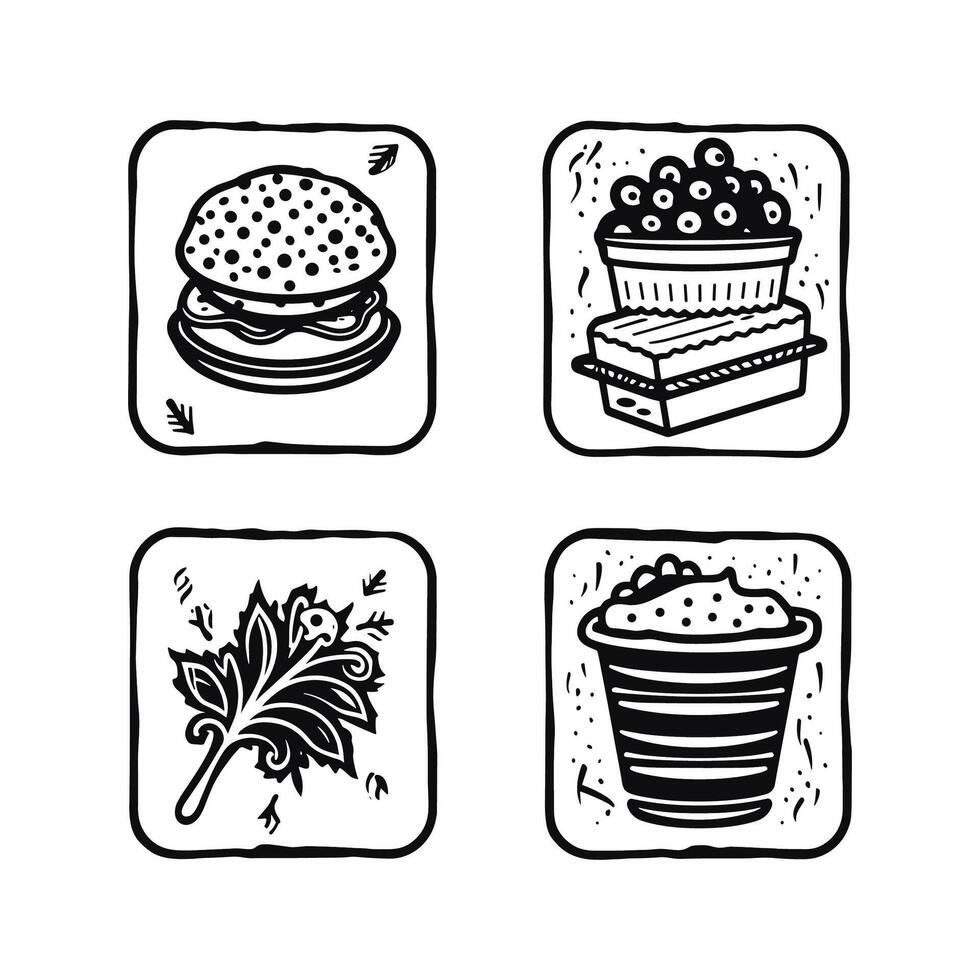 Black and white food icons burger berries leaf dessert vector