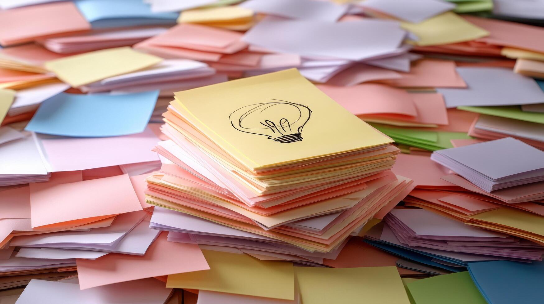 A pile of sticky notes with a light bulb on top photo