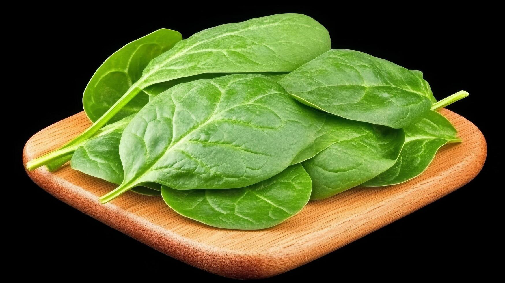 Spinach leaf on a wooden plate isolated on black background photo