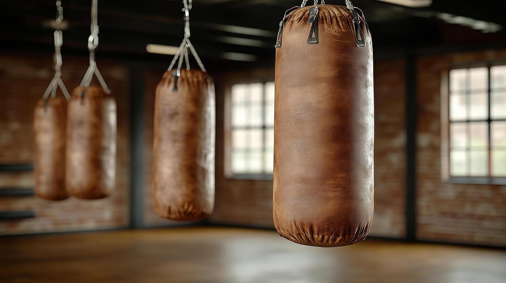 Three boxing bags hanging from the ceiling in an empty gym photo