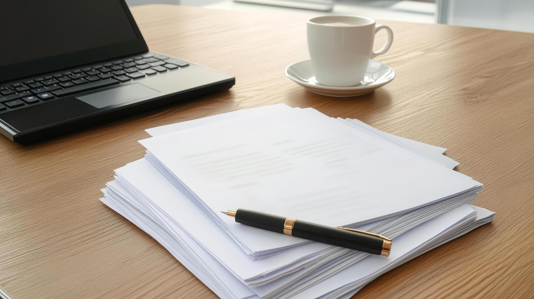 A stack of papers and a pen on a wooden desk with a laptop and coffee photo