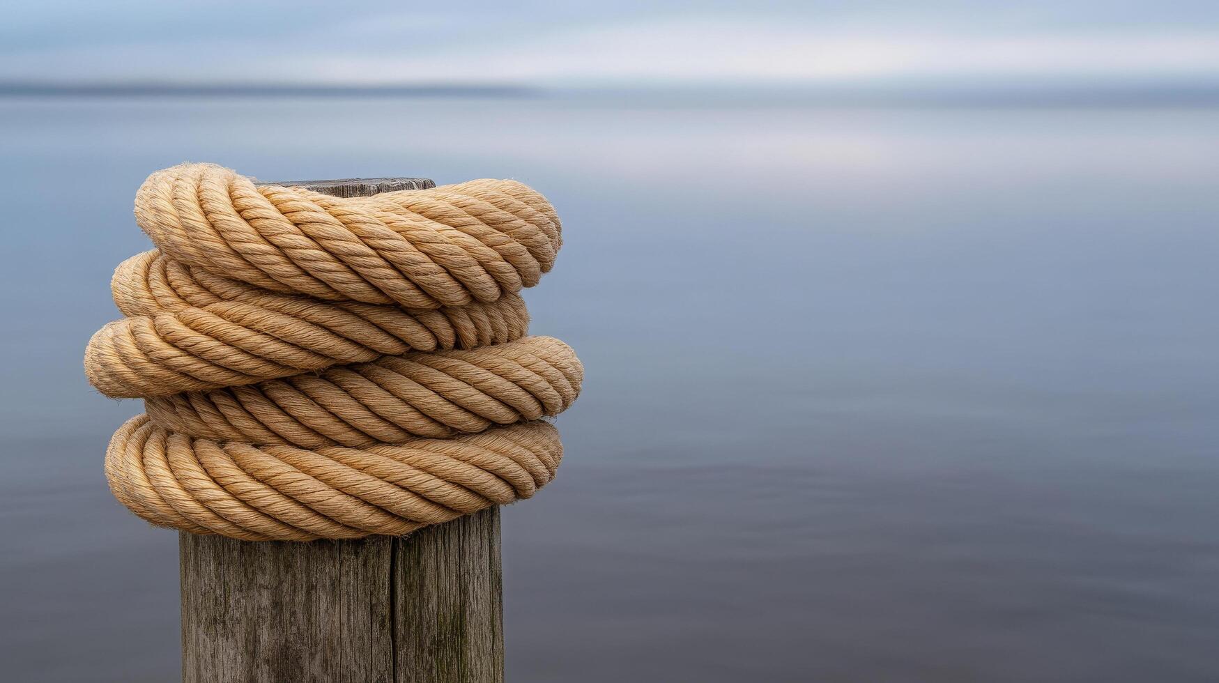 A rope is tied to a post by the water photo