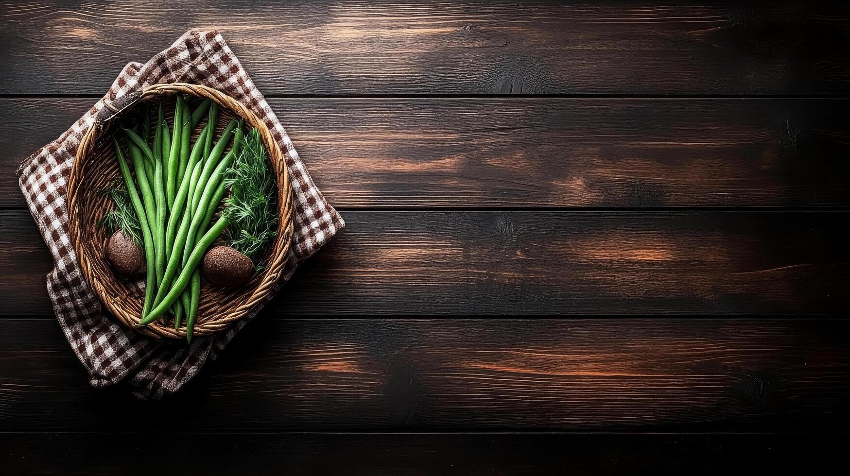 Green onions and potatoes in a basket on a wooden table top view photo