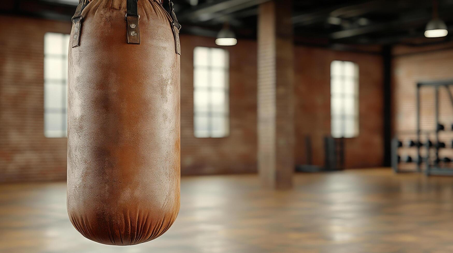 A boxing bag hanging in an empty gym photo
