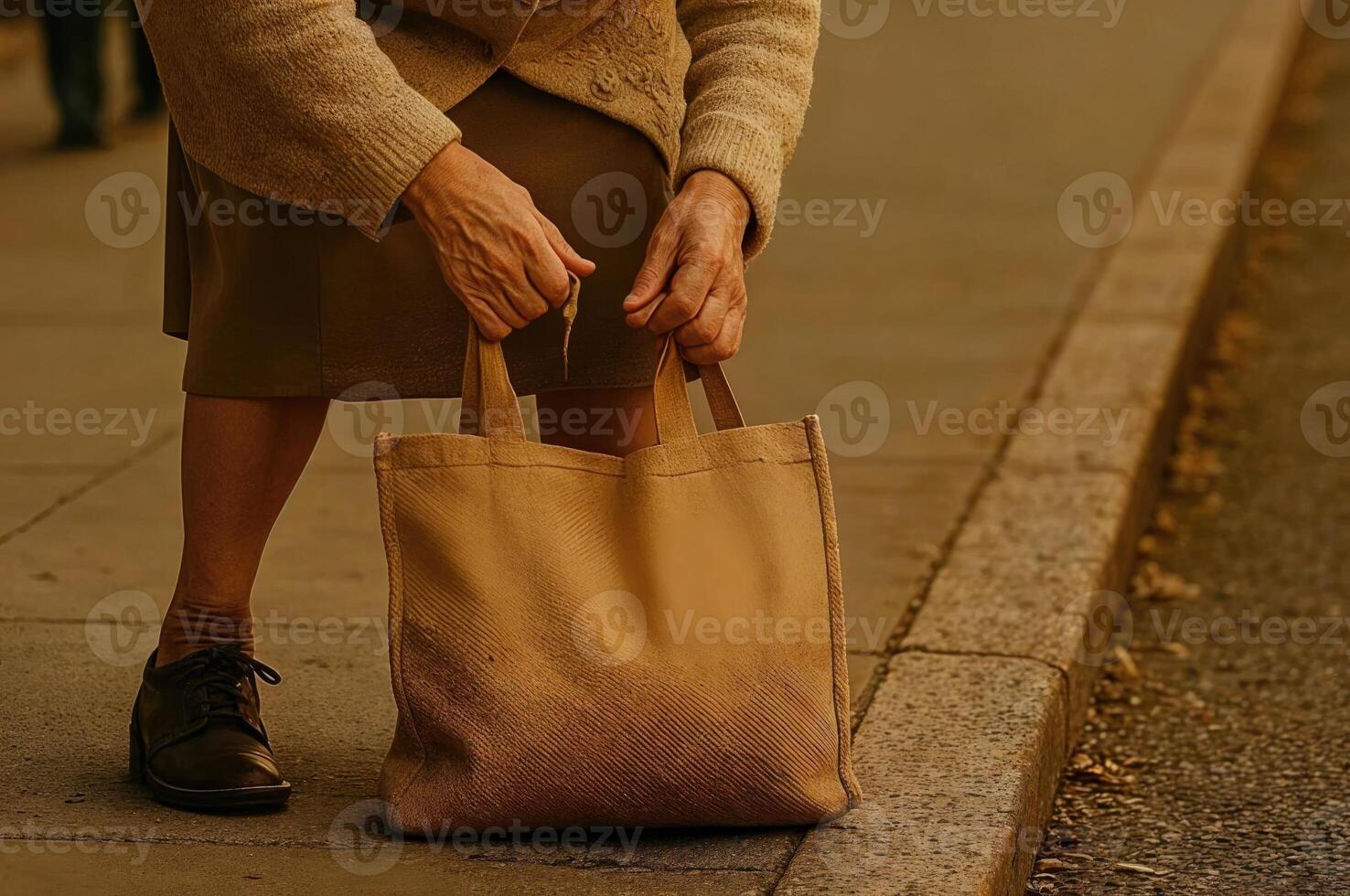 Close-up of elderly woman hands grabbing tote bag on sidewalk photo