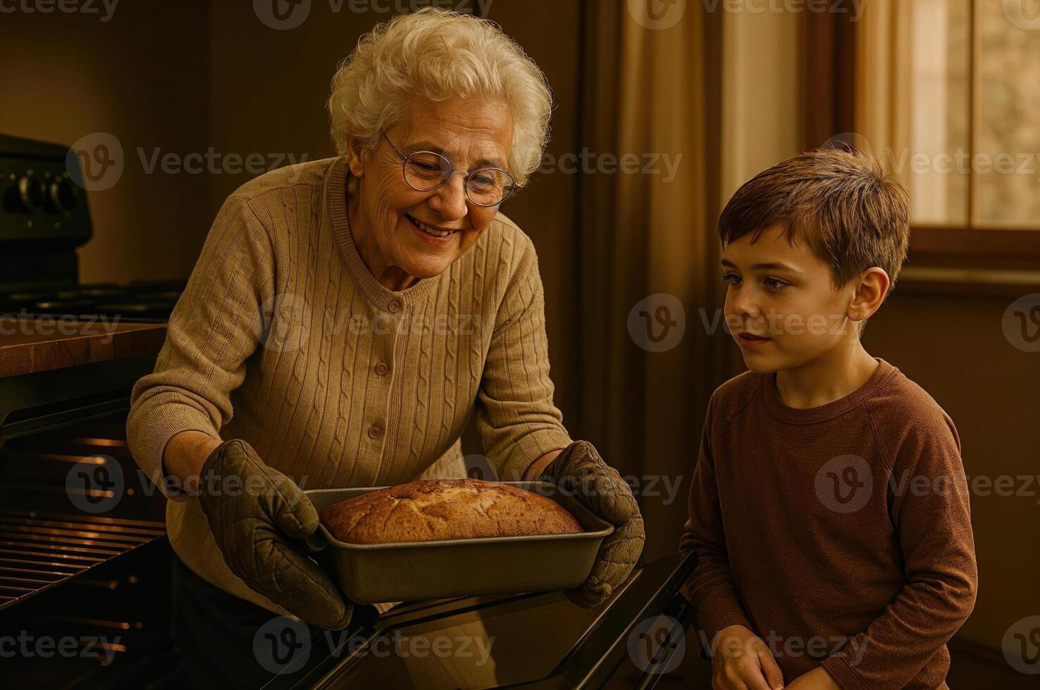 Smiling grandmother showing freshly baked cake to grandson photo