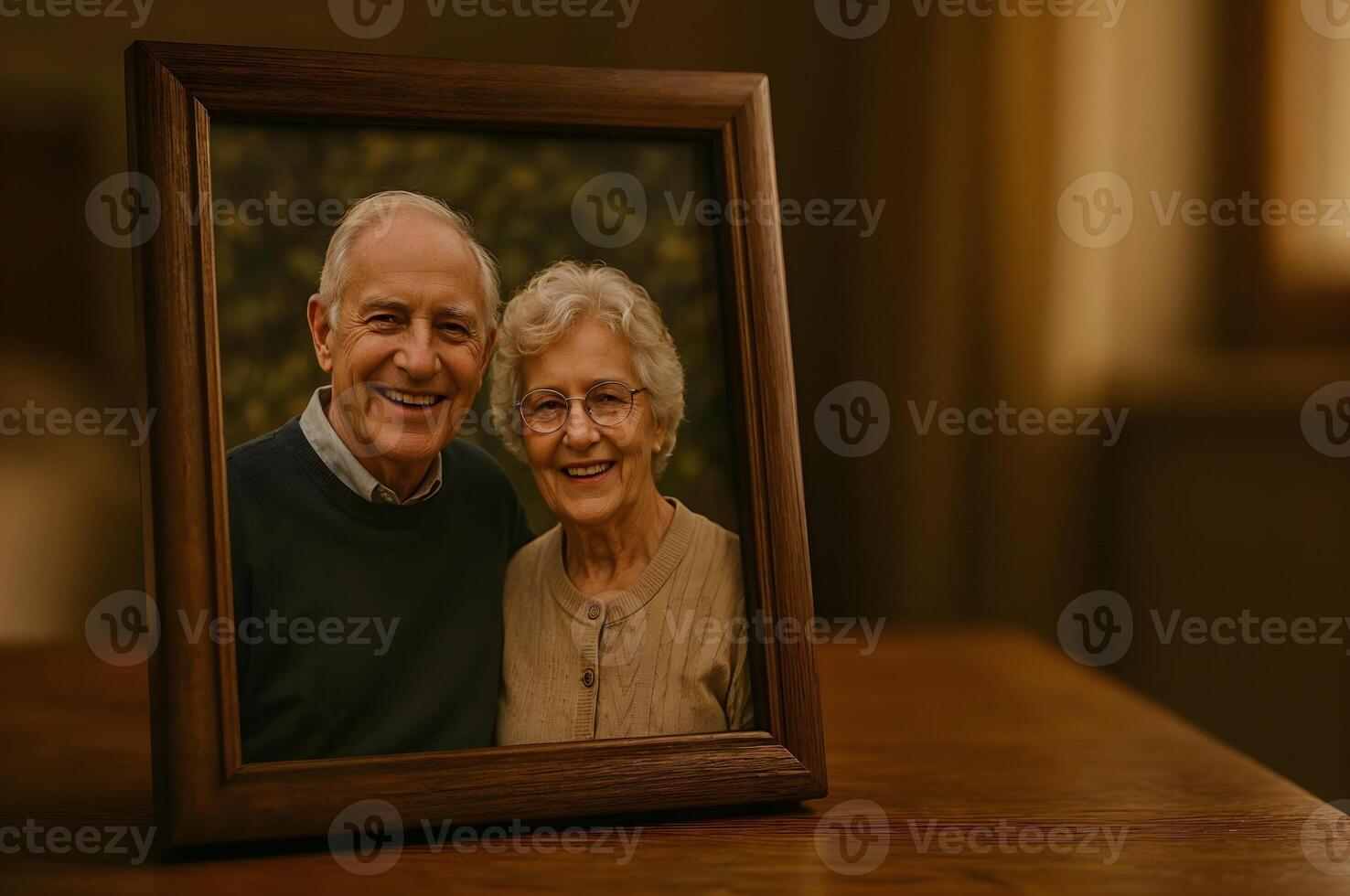 Framed portrait of elderly couple smiling in soft natural light photo