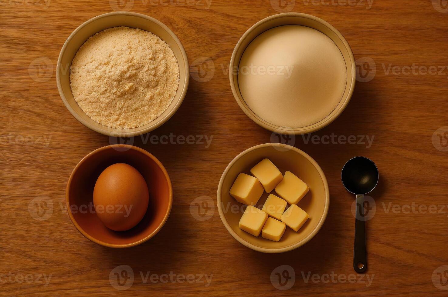 Baking ingredients in ceramic bowls on wooden surface photo