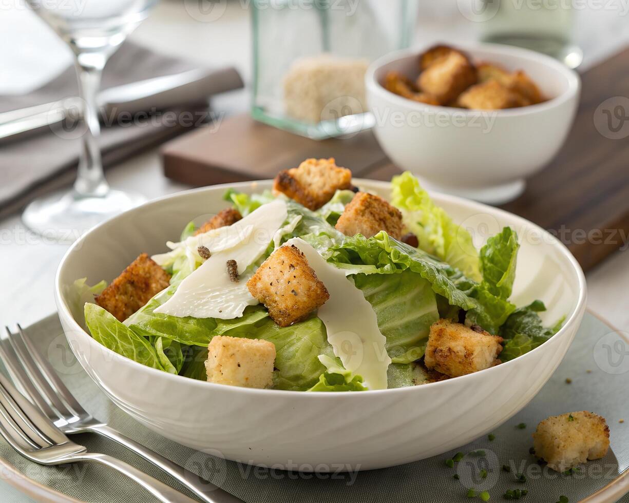 Caesar Salad with Croutons and Parmesan in Fine Dining photo