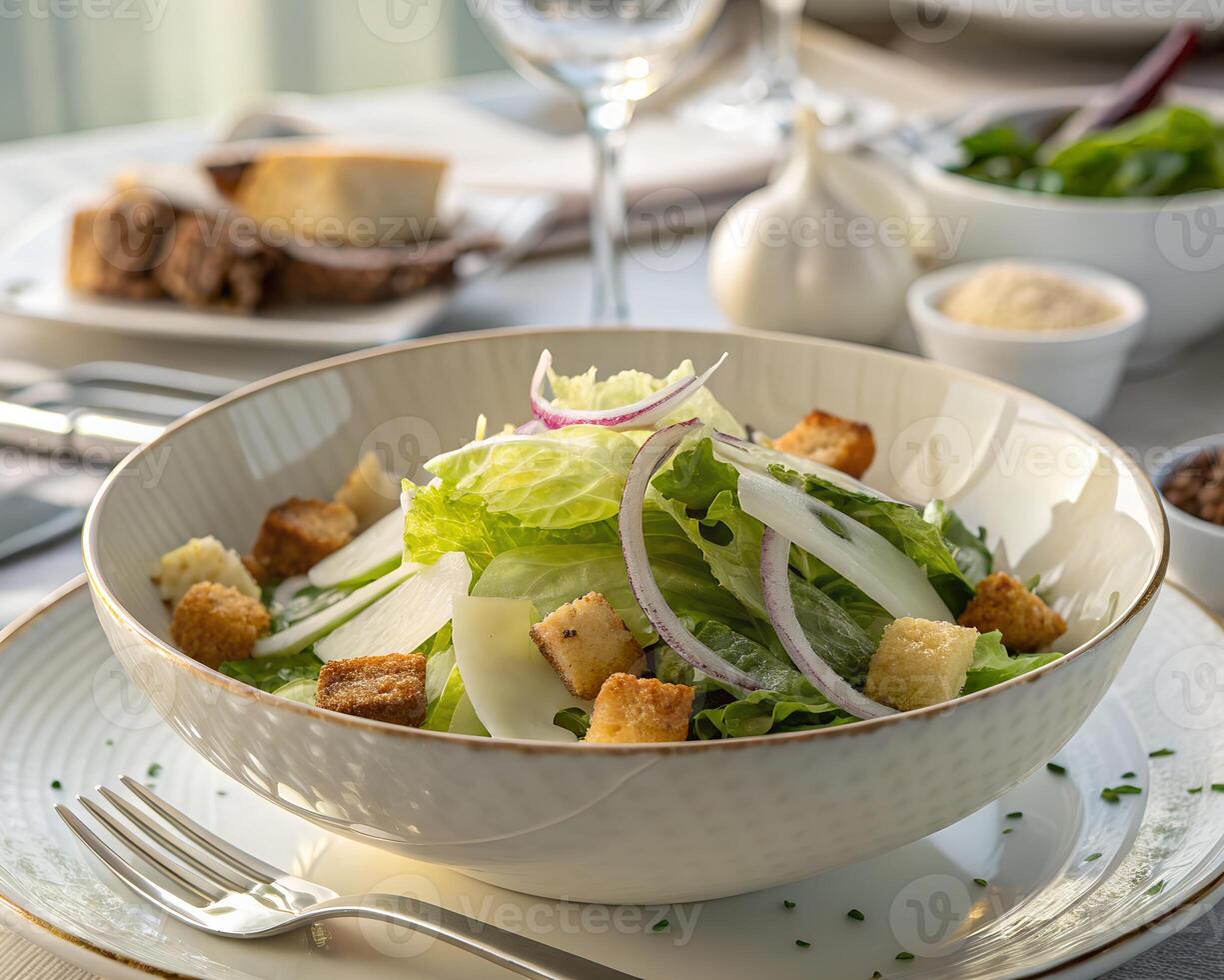 Premium Caesar Salad with Croutons and Parmesan in Fine Dining Setting photo