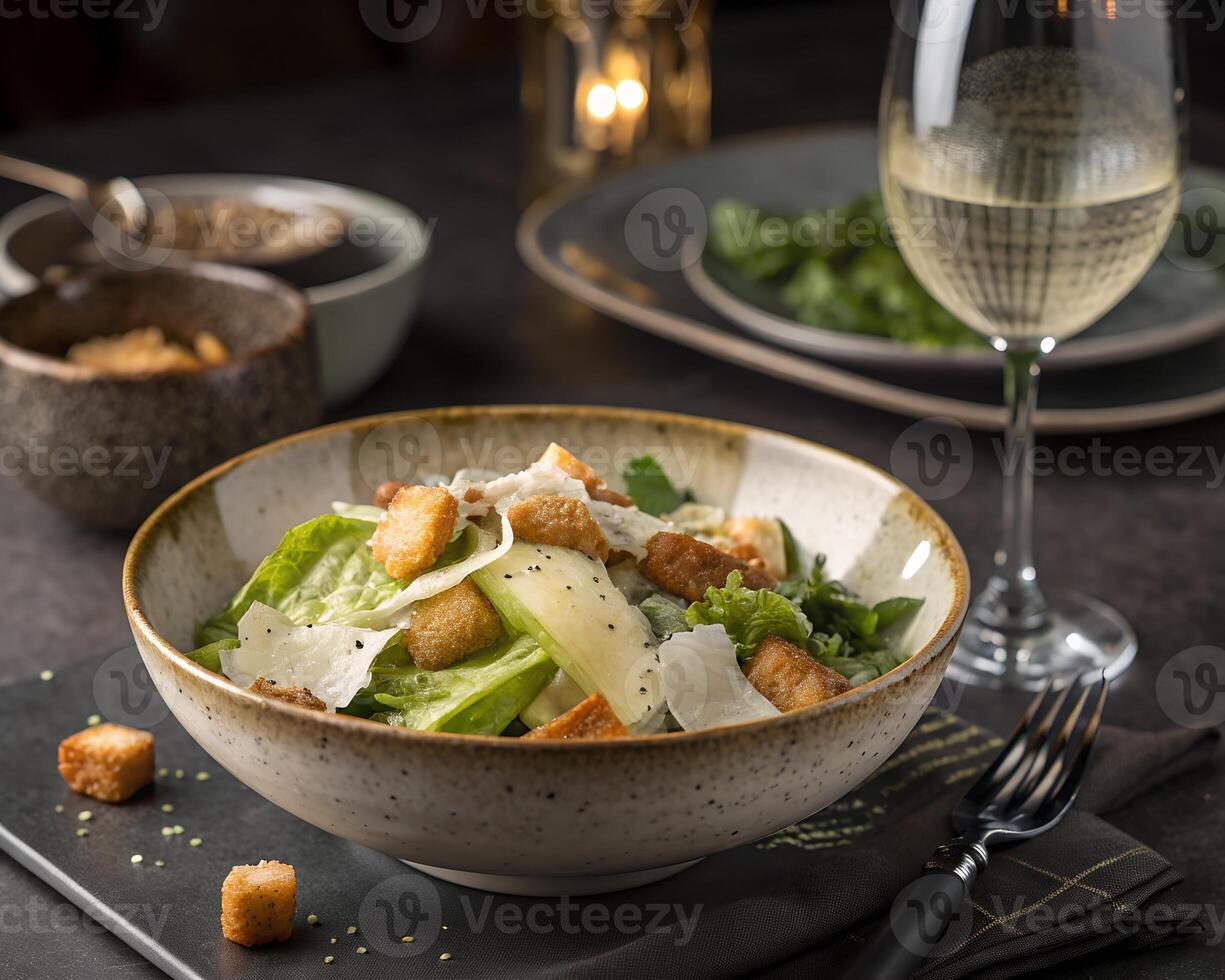 Caesar Salad with Croutons and Parmesan in Fine Dining Setting photo