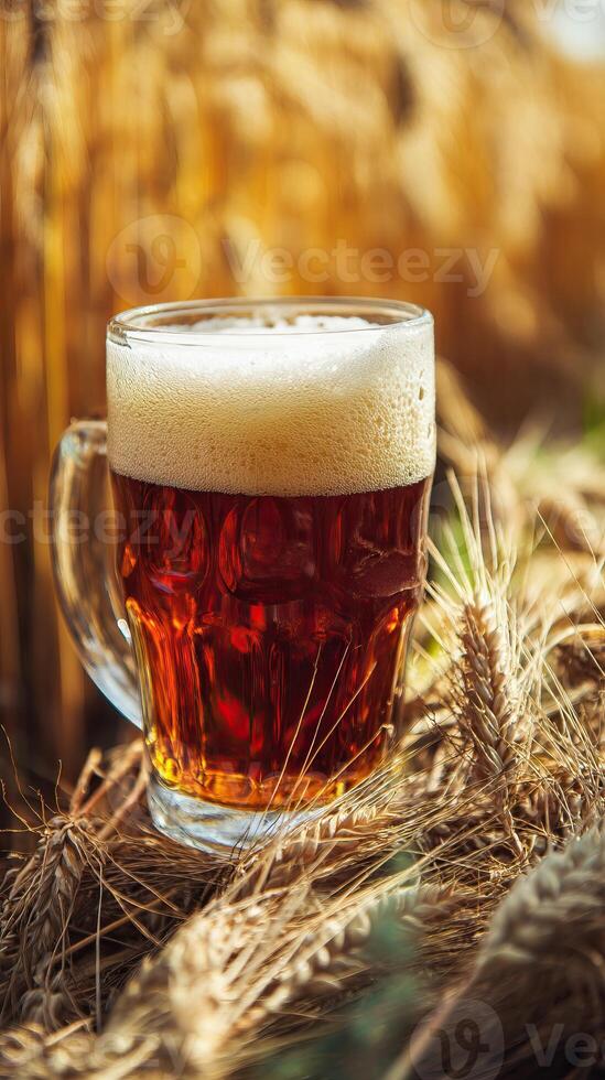 Glass of fresh amber beer standing on wheat ears in a field photo