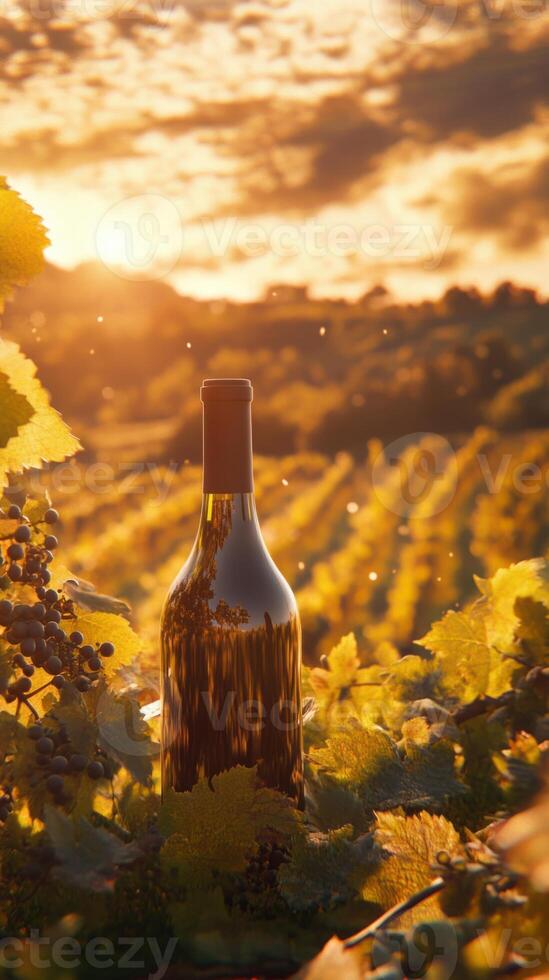 Wine bottle resting in vineyard at sunset reflecting golden hour light photo