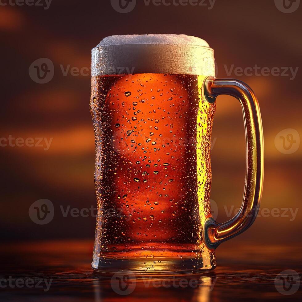 Refreshing mug of cold beer with condensation on wooden table at sunset photo