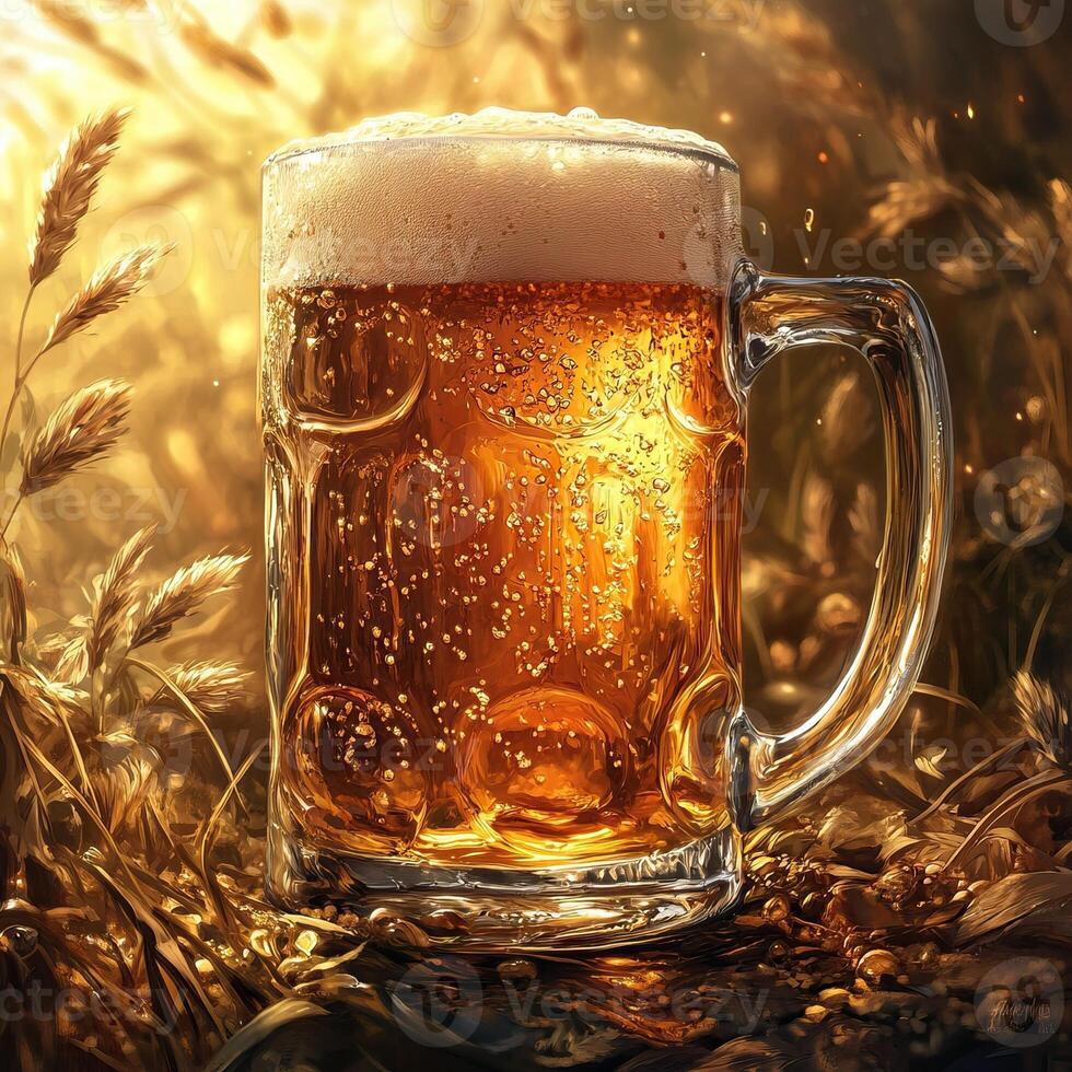 Refreshing beer in a glass mug amidst golden wheat field at sunset photo