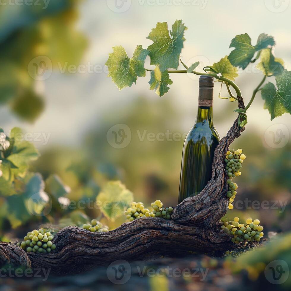 Wine bottle growing from grapevine in vineyard sunlight photo