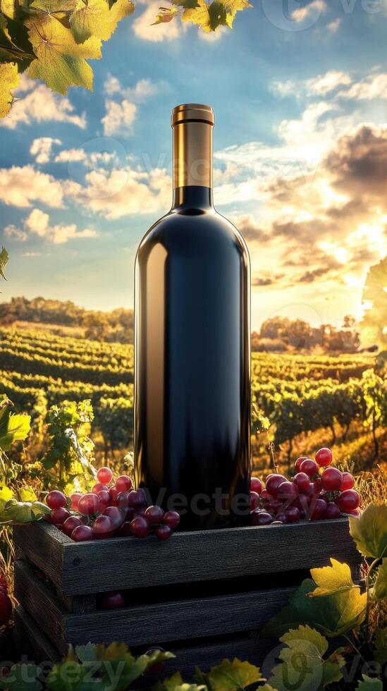 Wine bottle standing on wooden crate in vineyard at sunset photo