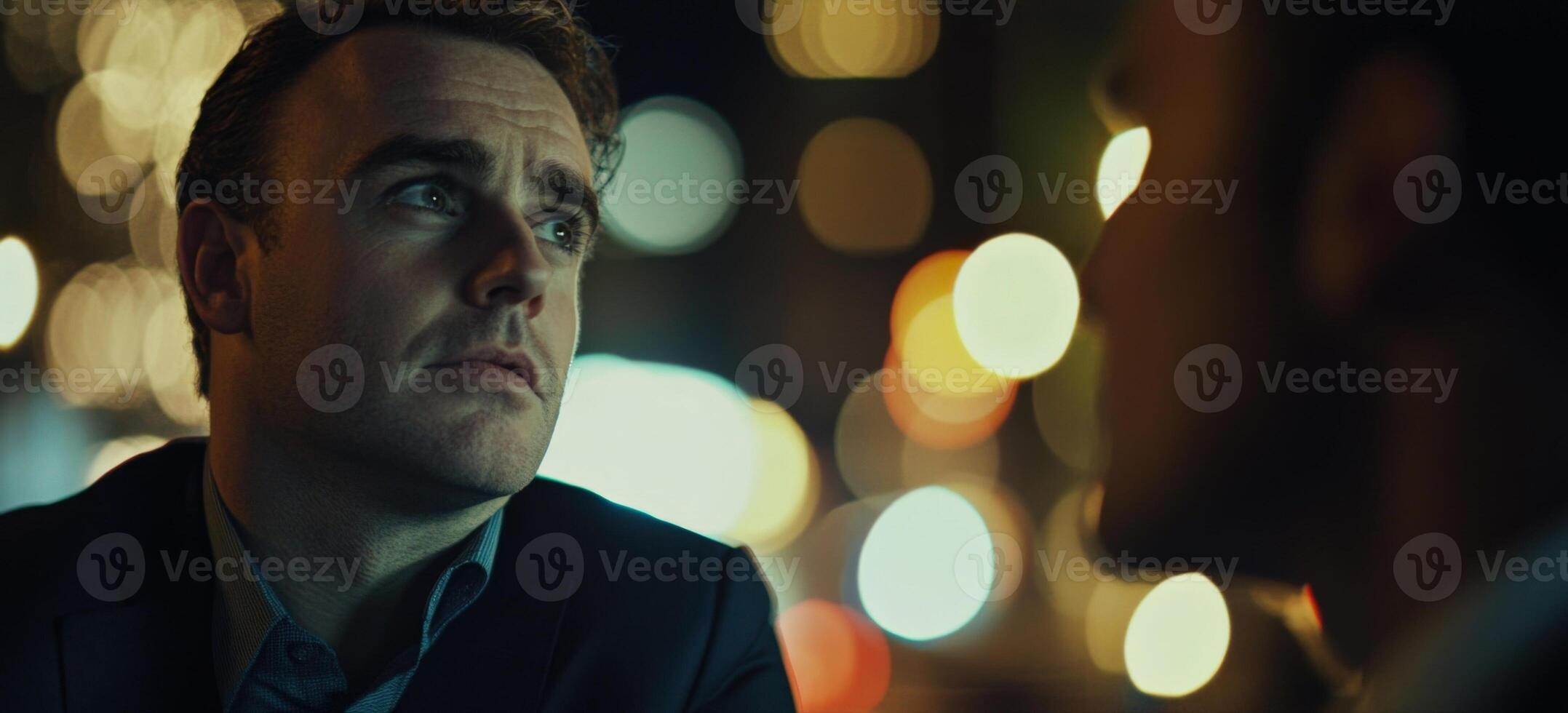 A focused closeup reveals the politicians thoughtful expression as they lean back slightly contemplating the words of a listener. The gentle bokeh of city lights glimmers behind enhancin photo
