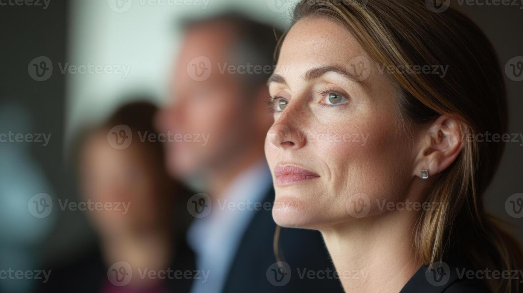 A closeup of a thoughtful woman pauses in midsentence her face candid and expressive while behind her the softly blurred silhouettes of advisors and supporters create an atmospher photo