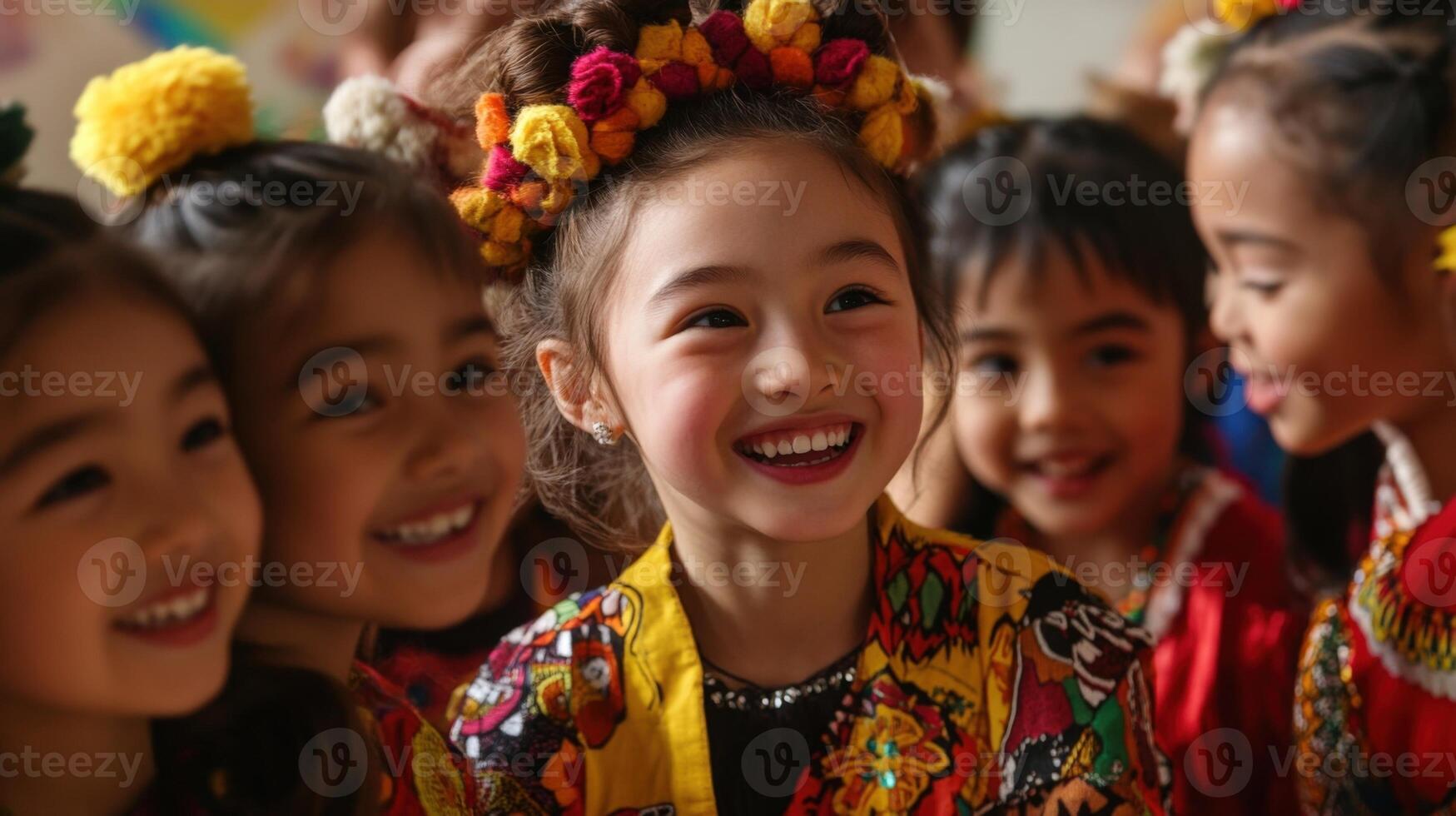 In a closeup the politician shares a lighthearted moment with a group of young children from different ethnic backgrounds each wearing unique cultural garments highlighting the importanc photo