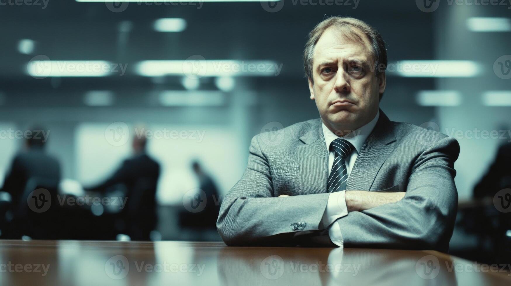 With arms crossed and a furrowed brow a political advisor engages in a spirited dialogue at a modern table. The background hints at a bustling corporate office creating a contrast betwee photo