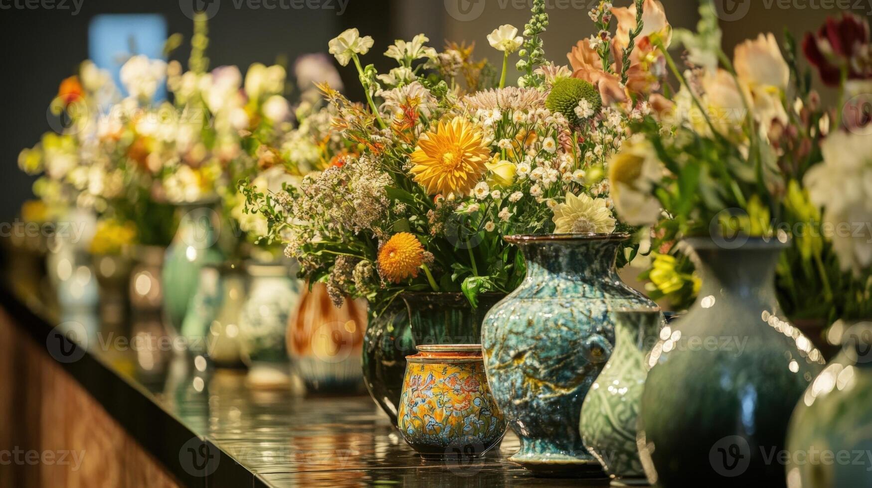 Colorful flower bouquets adorning table in political setting photo
