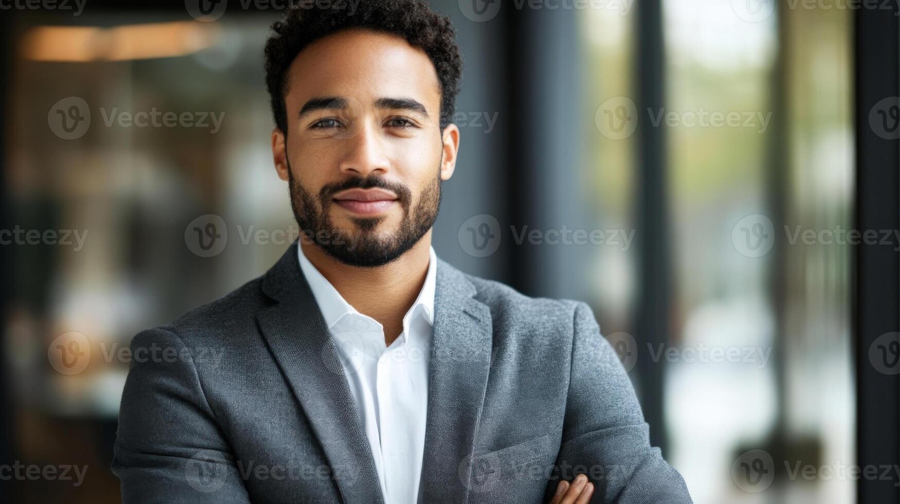 A diplomat in a charcoal gray blazer with an open expression and intentional posture presents a sense of openness while the gently blurred wall texture behind them hints at a moder photo