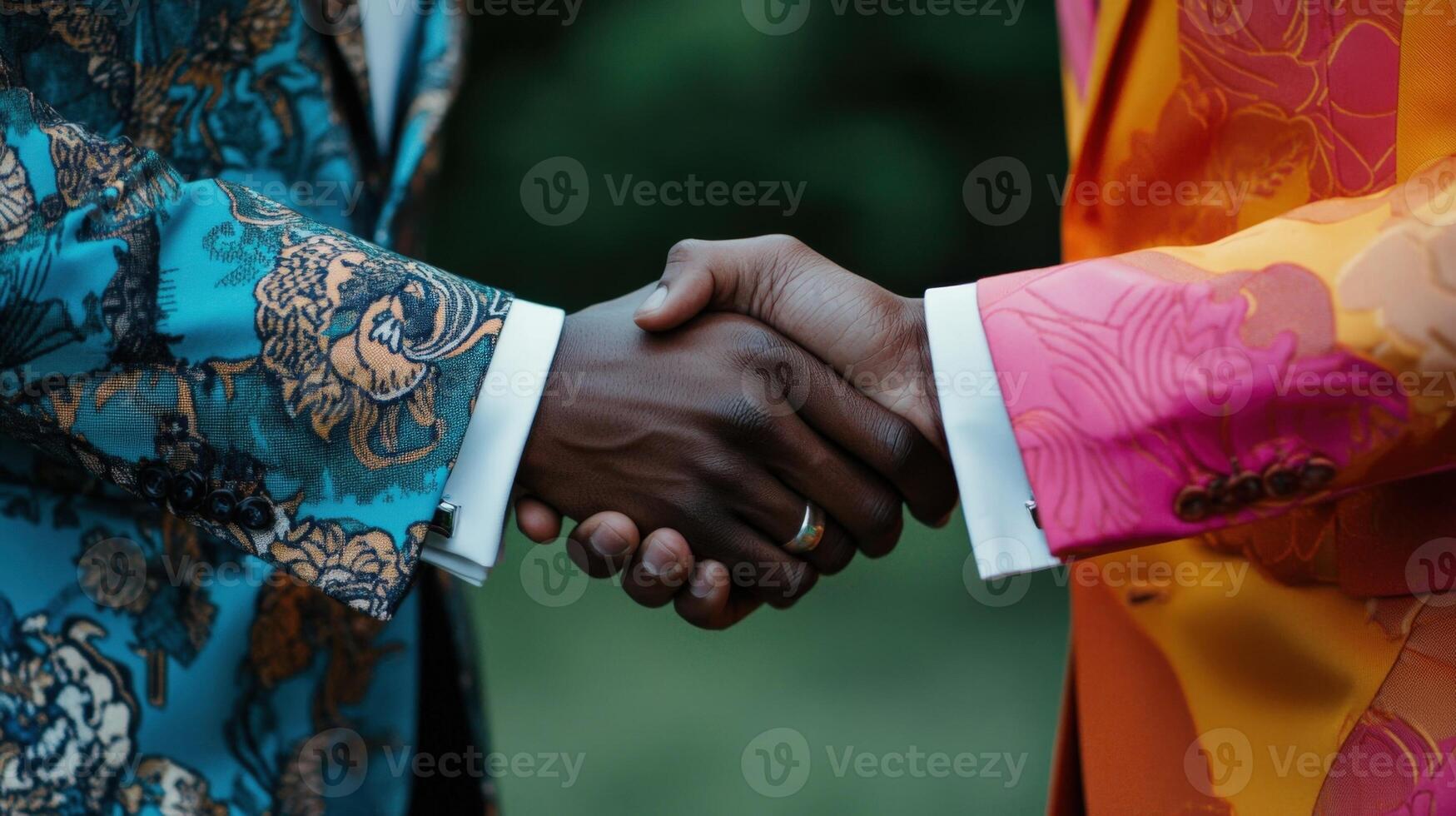 In a closeup shot two smiling partners engage in a handshake adorned with vivid expressions of camaraderie. Their sharply tailored outfits accented with contrasting colors create photo
