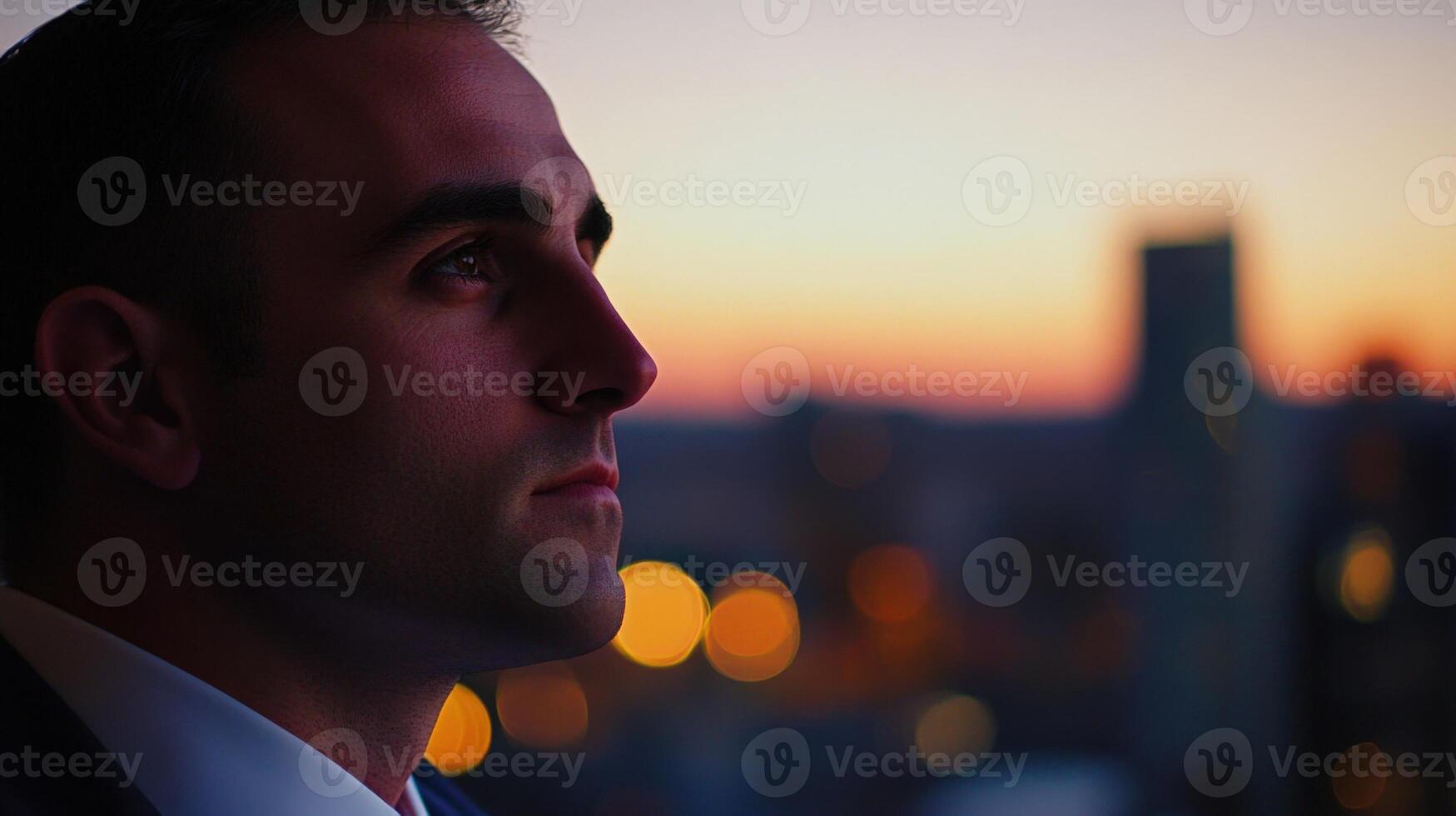 Politician watching city skyline at sunset, contemplating future of urban development photo