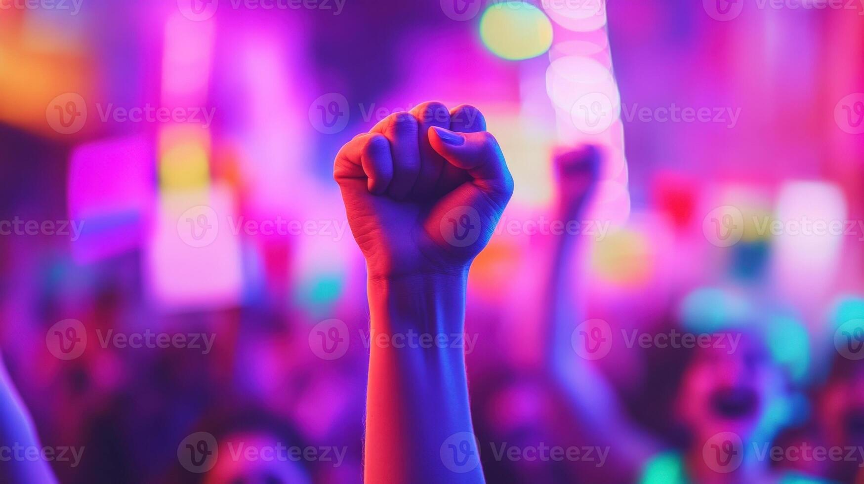A powerful closeup of a raised fist in the foreground clutching a brightly colored sign that reads a rallying phrase with blurred faces of enthusiastic supporters cheering in the backdro photo