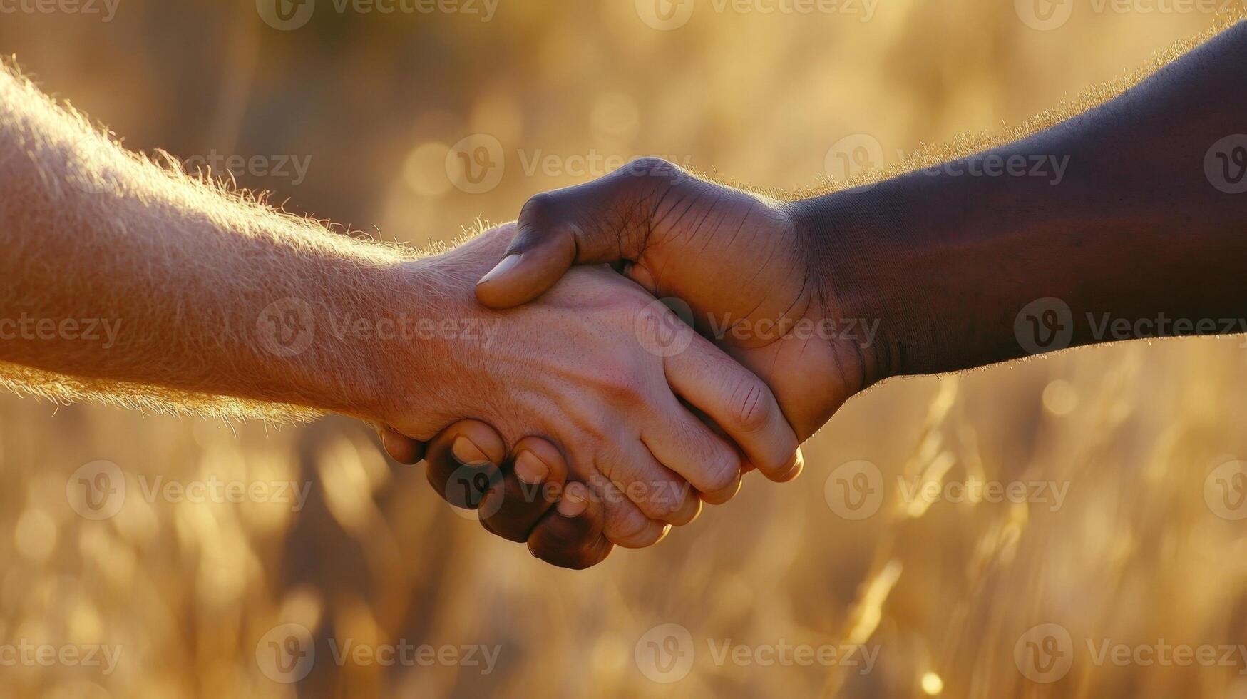 Farmers shaking hands in a wheat field at sunset, making a deal photo