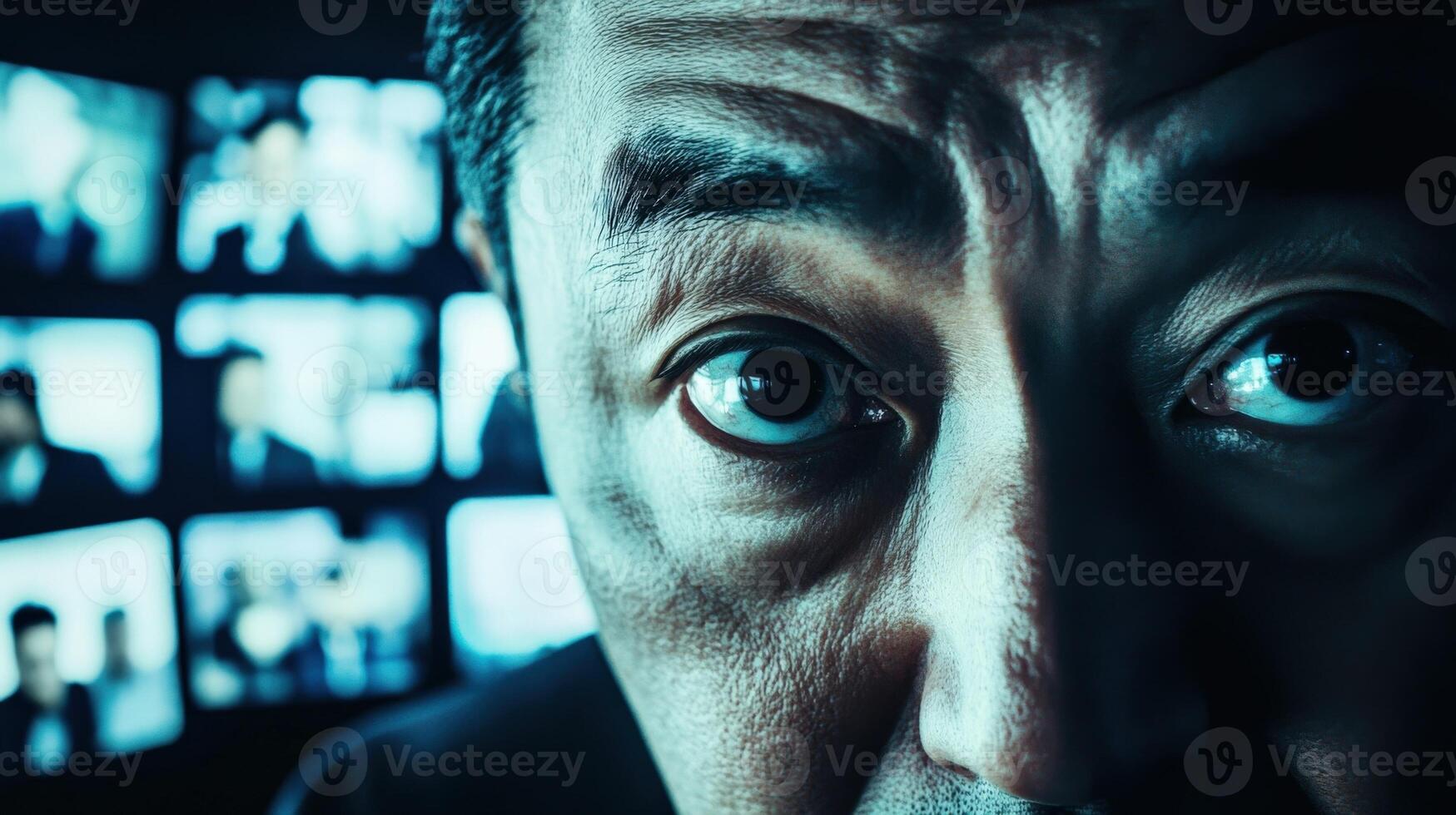 Framed in a medium closeup the diplomats expressive eyes reflect a blend of resolve and diplomacy while the muted colors of the media logos swirl softly behind suggesting the convergenc photo