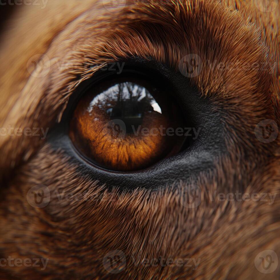 Brown dog showing reflective golden eye and fur in close up photo