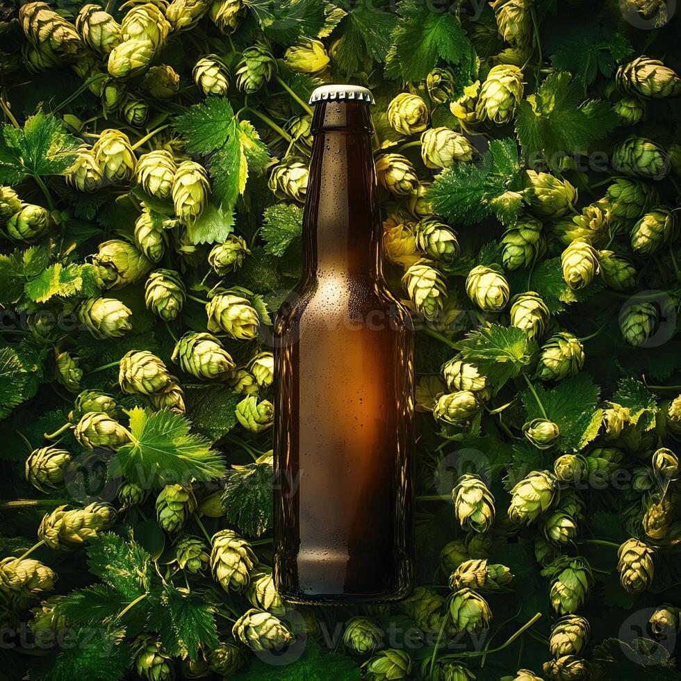Glass beer bottle lying on fresh hops cones and leaves photo