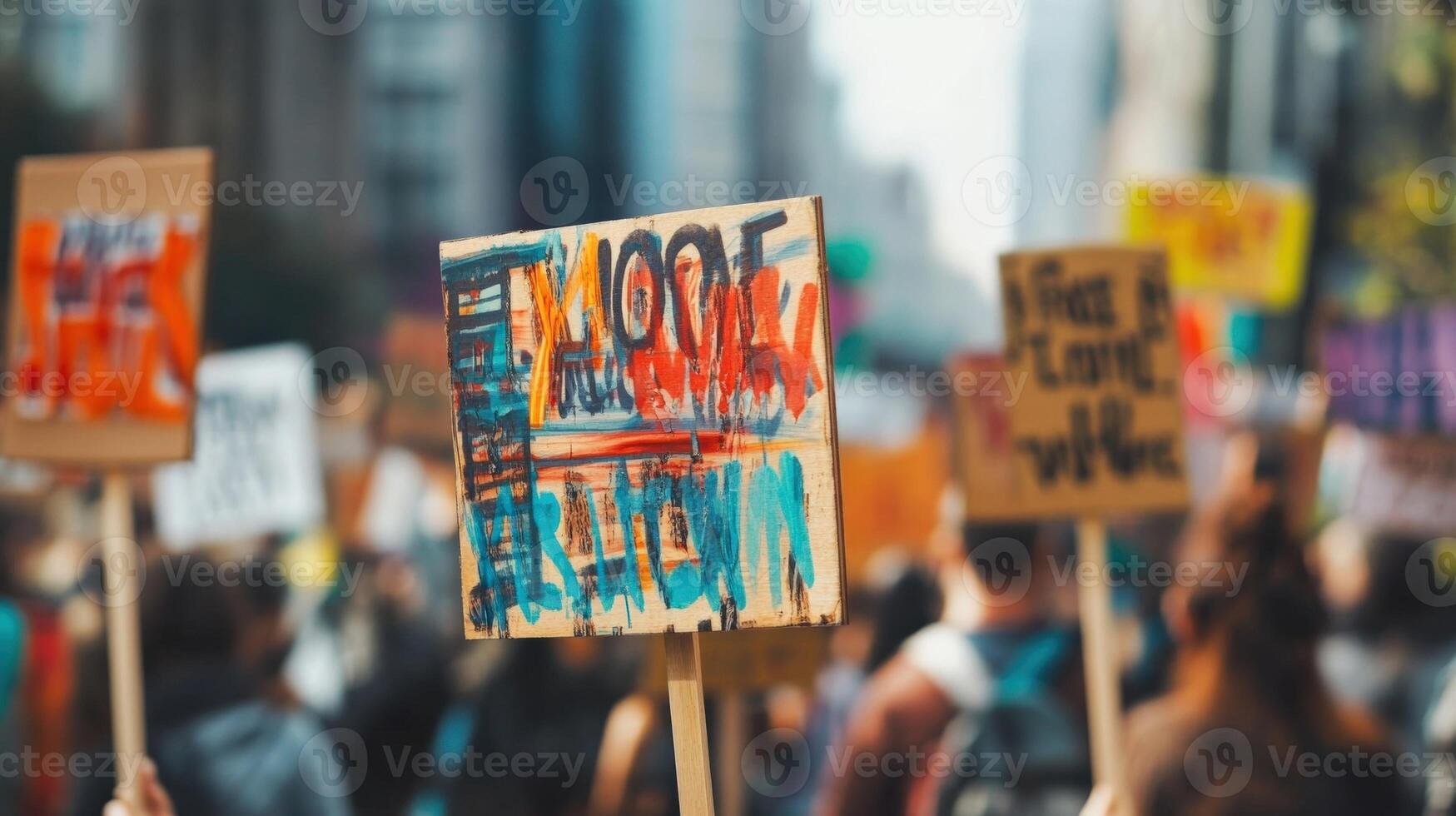 Protesters raising signs and marching for political change photo