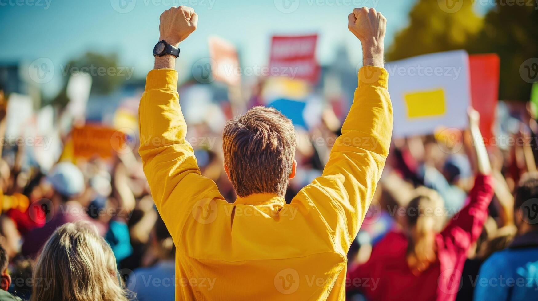 Dynamic Gesture With an animated stance the politician raises both hands in the air emphasizing a key point in their speech. The crowds jubilant response is captured in a blur of colorfu photo