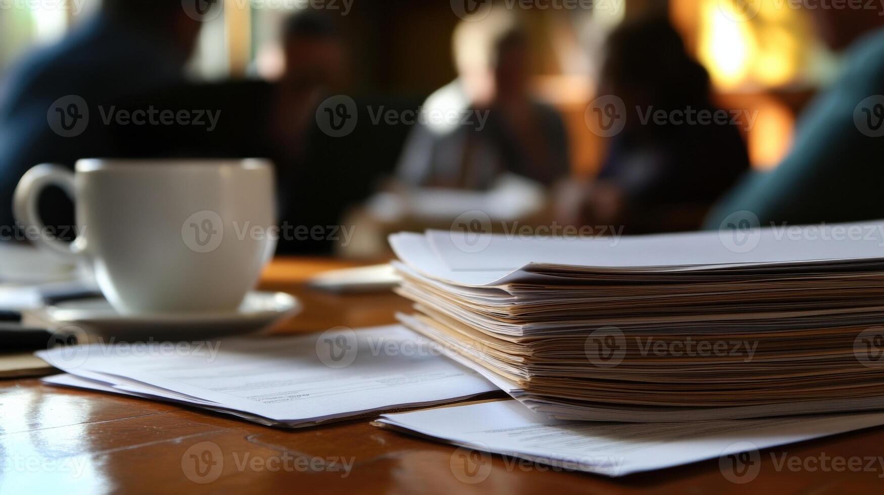 A stack of contracts and proposals lies on the table with a coffee cup and notepad beside them. In the background a small group of individuals is huddled together discussing animatedl photo