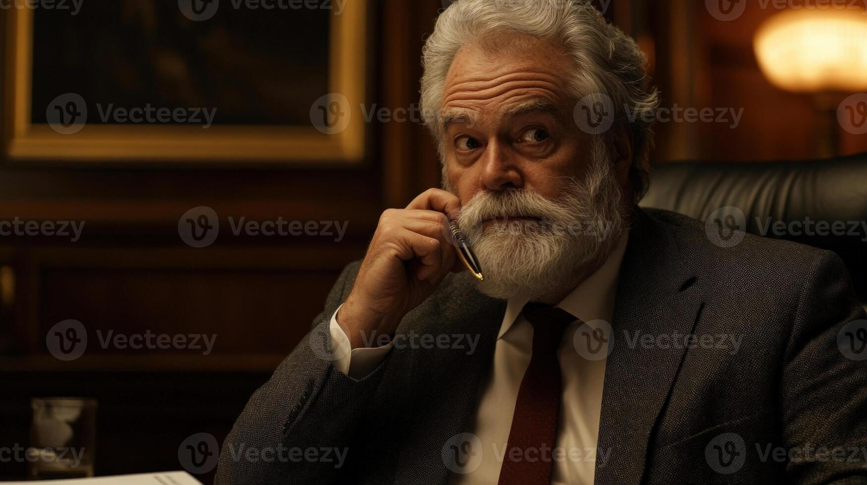 Politician holding pen and looking thoughtful in office photo