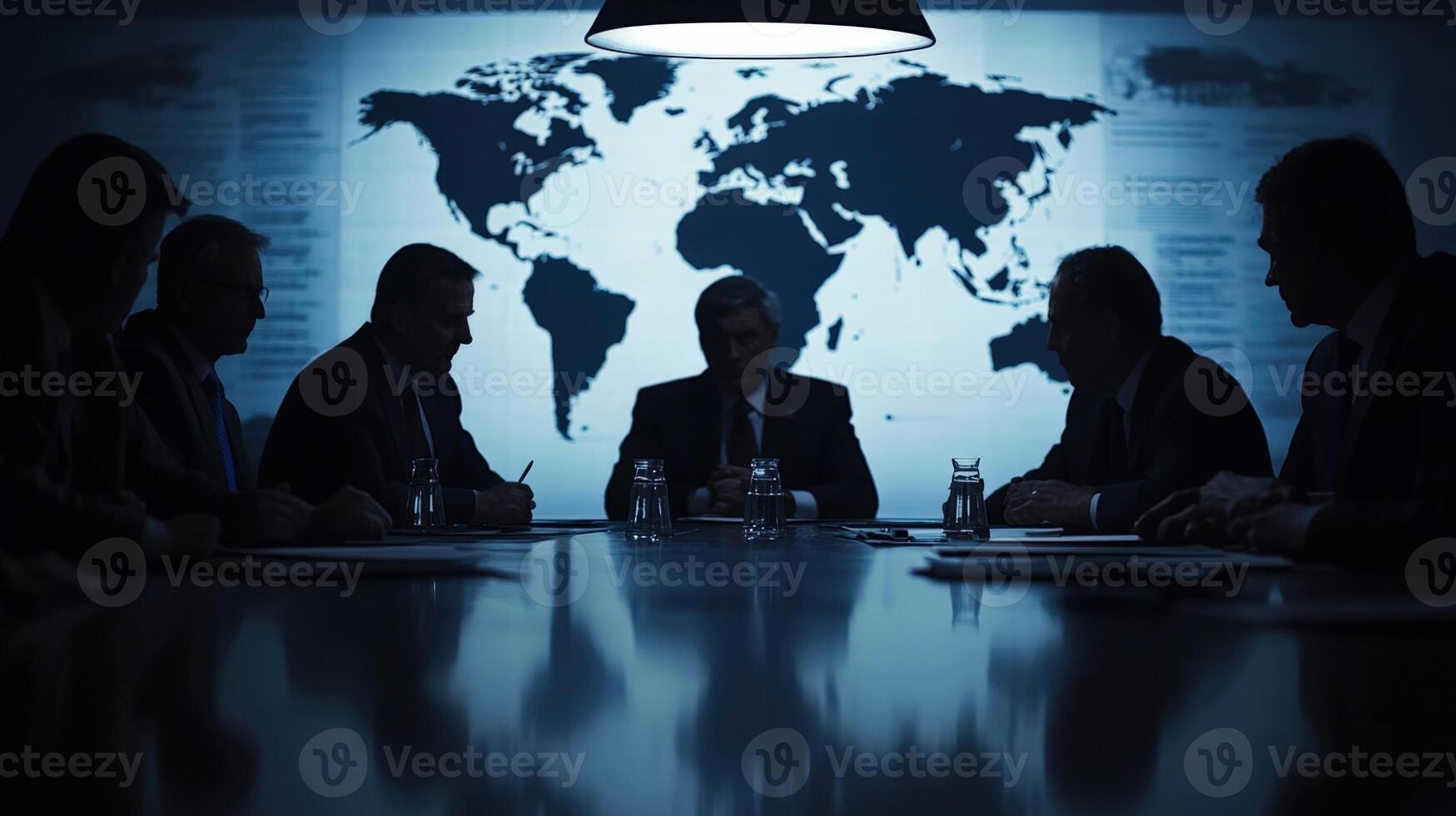 Politicians sitting at conference table discussing global issues photo
