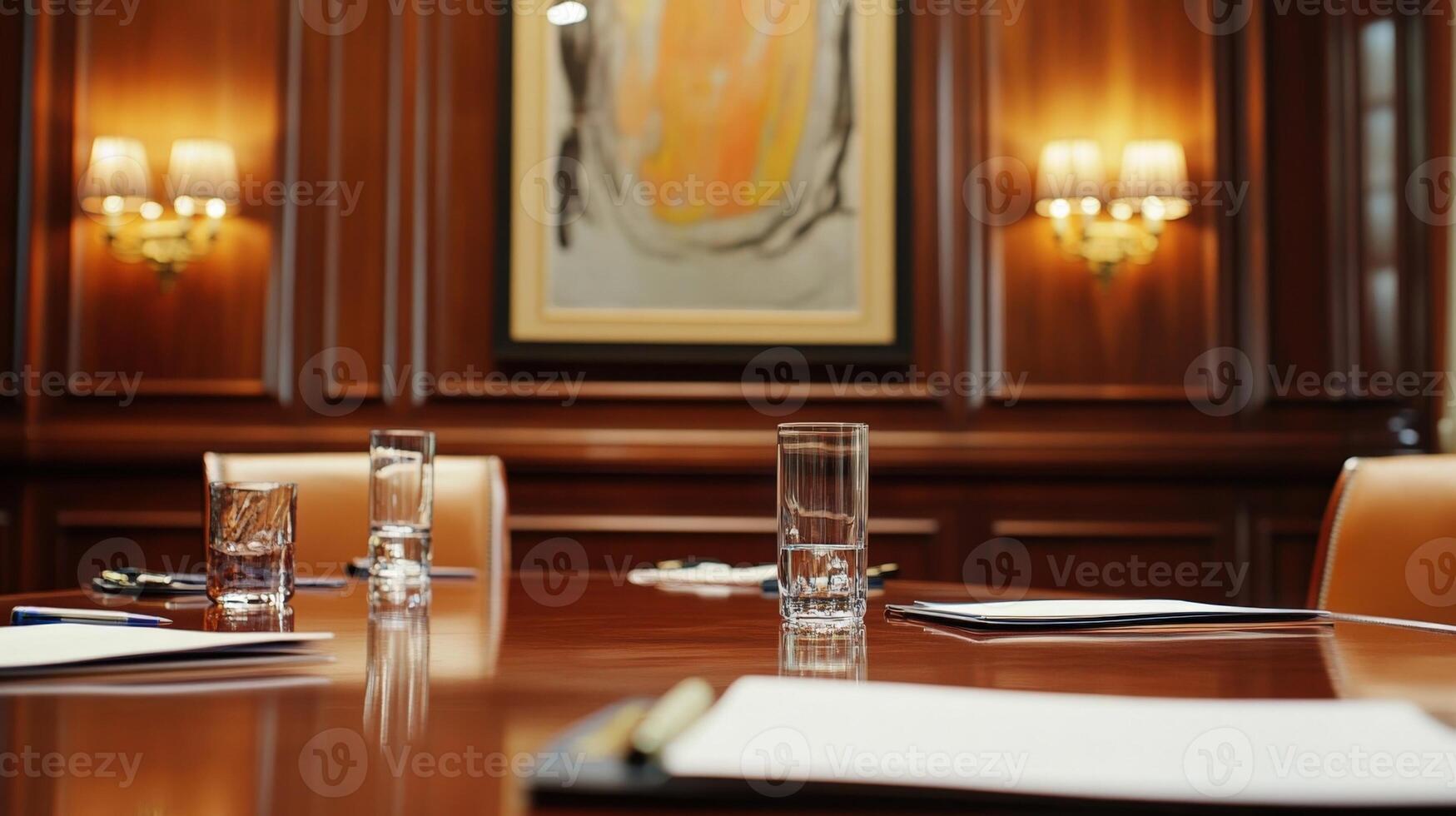Polished conference table awaiting politicians in elegant room photo