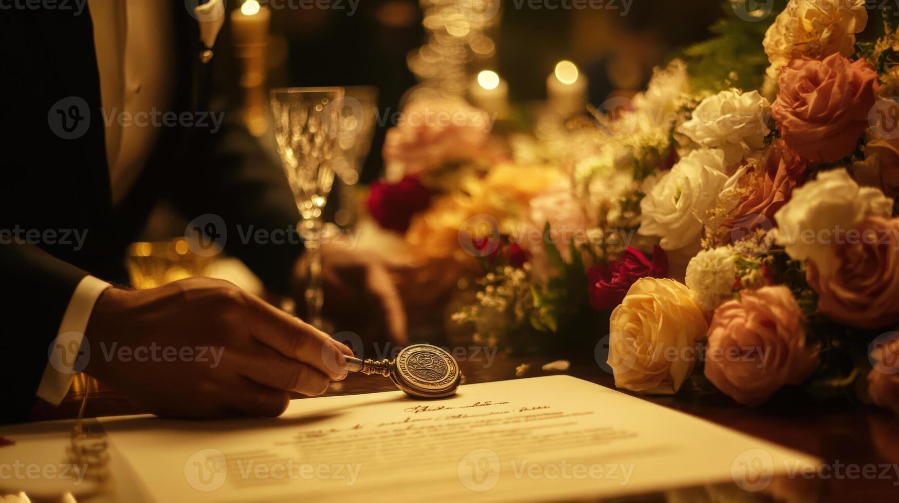 Politician applying seal to official document in ornate setting photo