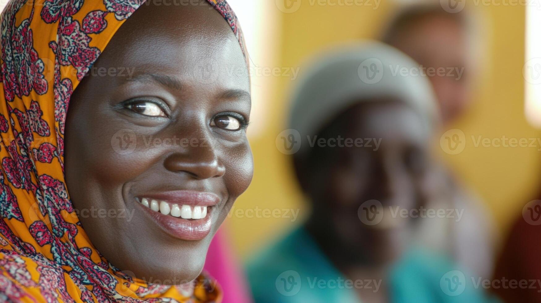 Smiling muslim woman engaging in political discussion in africa photo