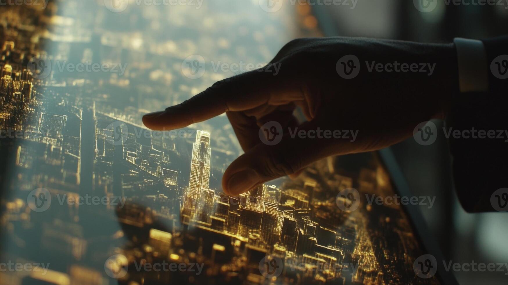 Politician planning future city development using interactive digital projection table photo