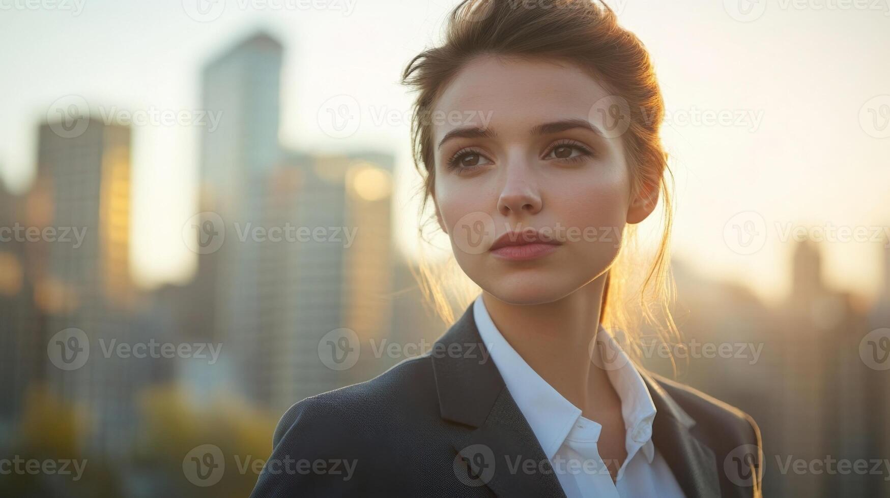A young female politician dressed in a crisp suit leans slightly forward as she addresses a crowd her expression earnest and determined. The city skyline behind her is gently out o photo